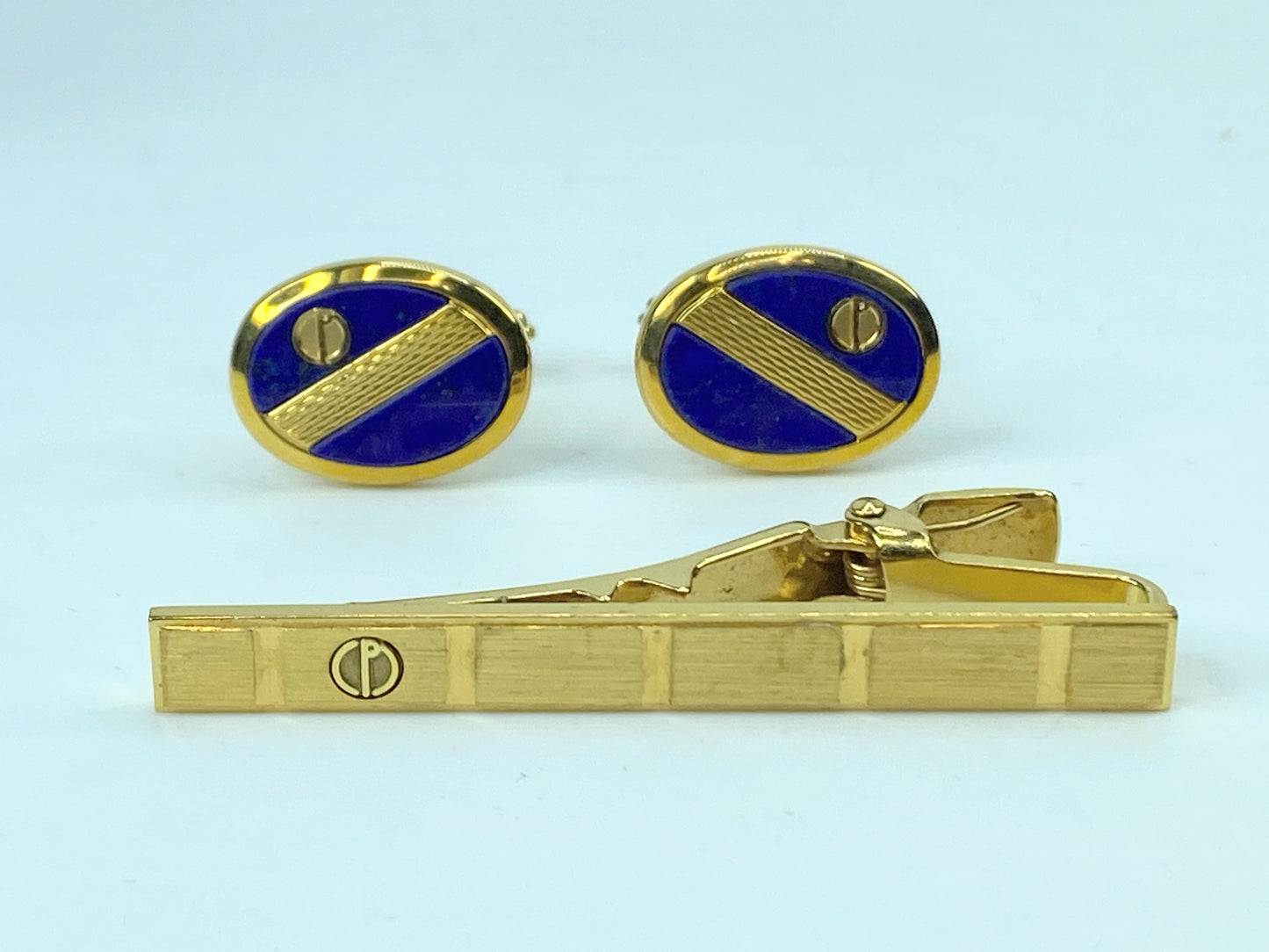 Alfred Dunhill Gold & Blue Cufflinks and Tie Clip Set authentic GS539