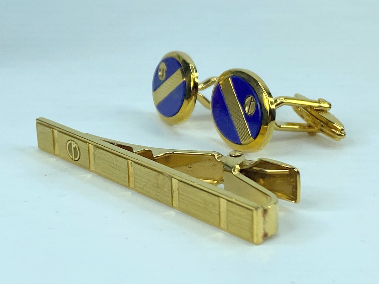 Alfred Dunhill Gold & Blue Cufflinks and Tie Clip Set authentic GS539