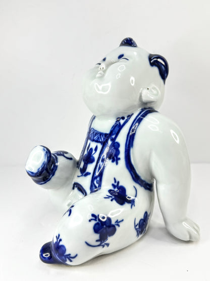 Vintage Blue & White Porcelain Seated Boy Figurine A1129