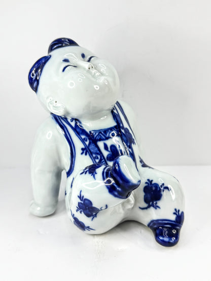Vintage Blue & White Porcelain Seated Boy Figurine A1129
