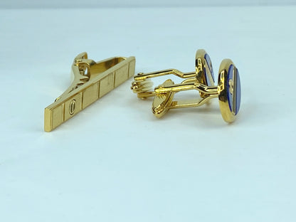 Alfred Dunhill Gold & Blue Cufflinks and Tie Clip Set authentic GS539