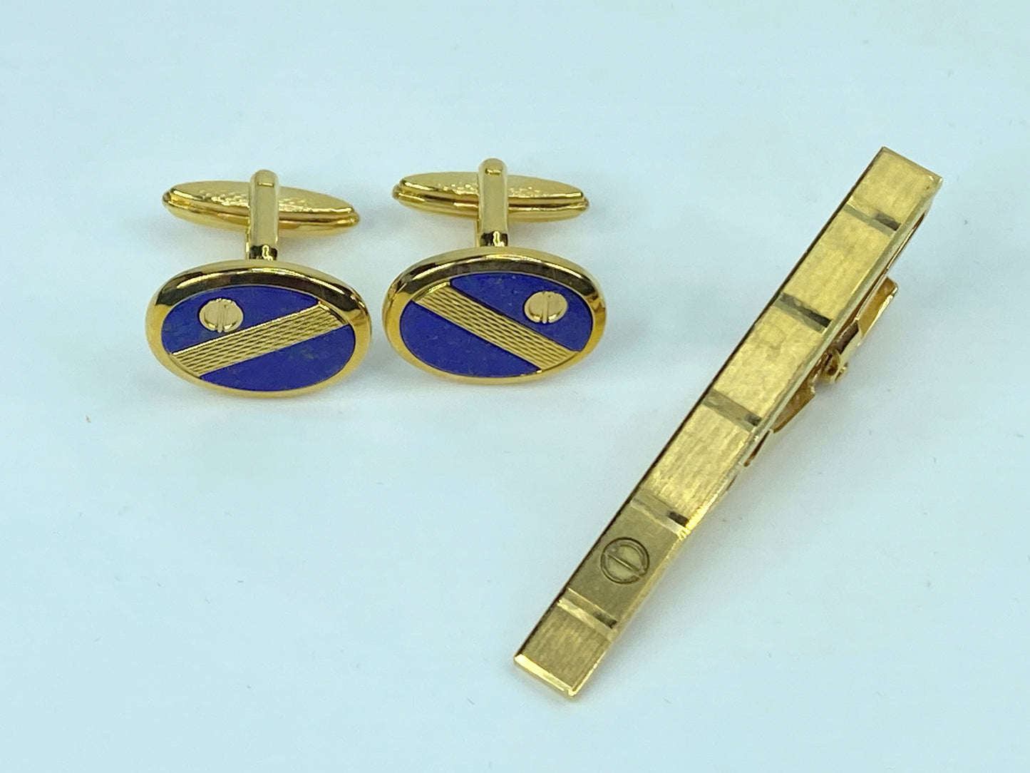 Alfred Dunhill Gold & Blue Cufflinks and Tie Clip Set authentic GS539