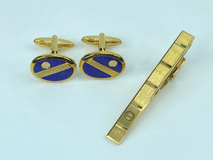 Alfred Dunhill Gold & Blue Cufflinks and Tie Clip Set authentic GS539
