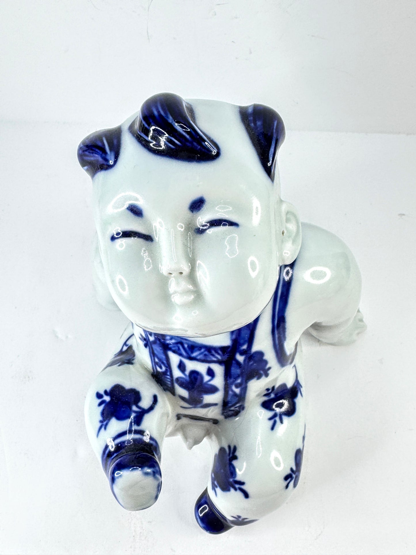 Vintage Blue & White Porcelain Seated Boy Figurine A1129