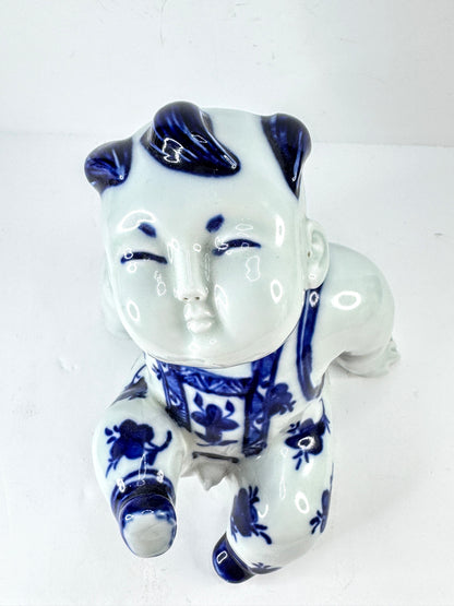 Vintage Blue & White Porcelain Seated Boy Figurine A1129
