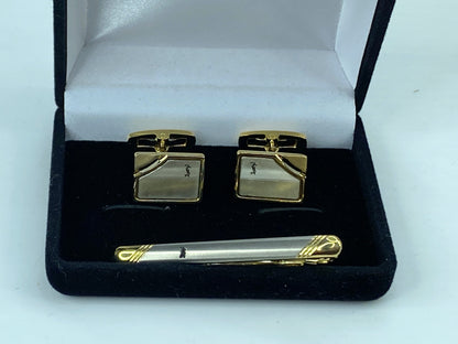 Vintage Yves Saint Laurent cufflinks & Tie clip gold silver tone design GS542