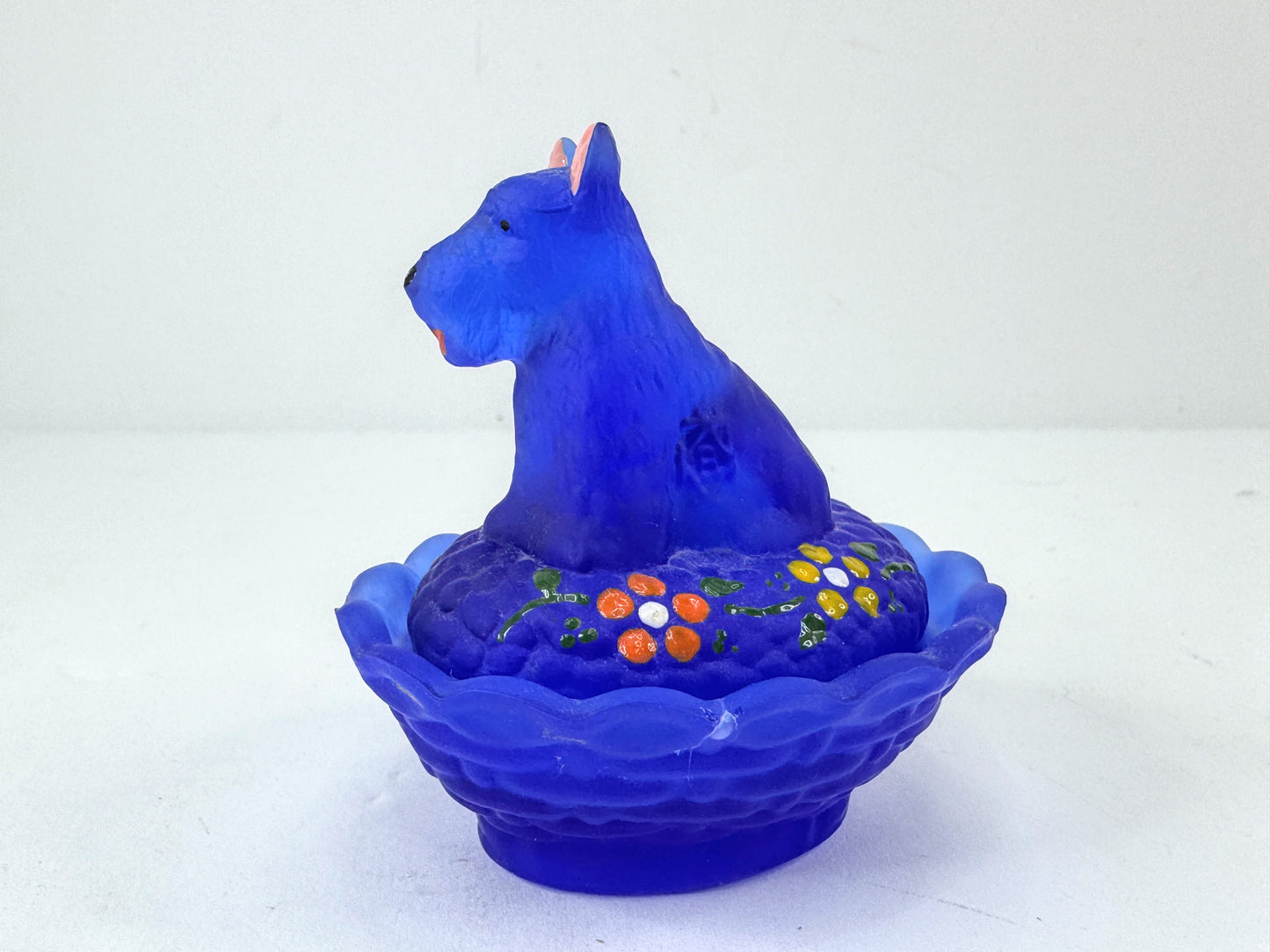 Vintage Boyd Satin Frost Blue Glass Scottie Dog Covered Trinket Dish A1184