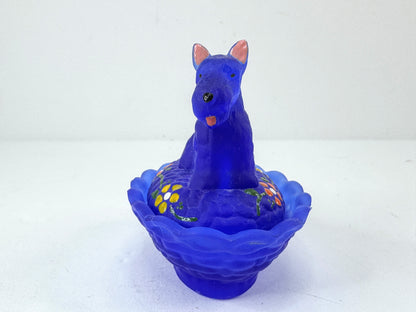Vintage Boyd Satin Frost Blue Glass Scottie Dog Covered Trinket Dish A1184