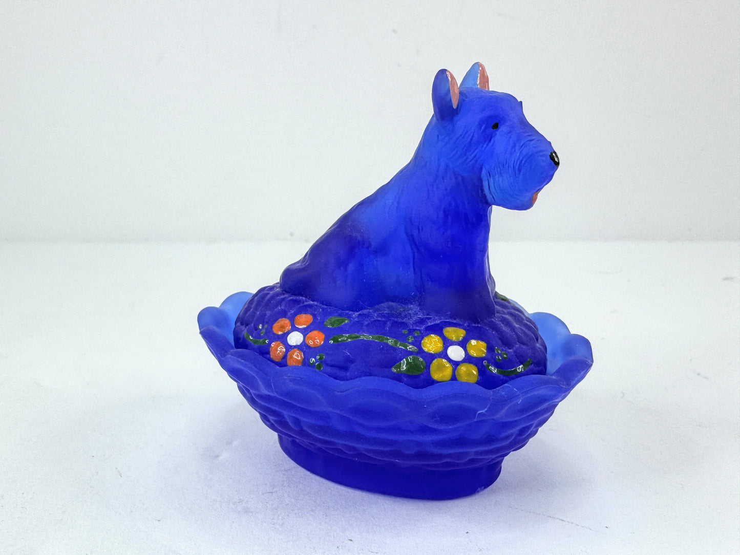 Vintage Boyd Satin Frost Blue Glass Scottie Dog Covered Trinket Dish A1184