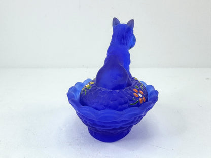 Vintage Boyd Satin Frost Blue Glass Scottie Dog Covered Trinket Dish A1184