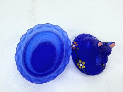 Vintage Boyd Satin Frost Blue Glass Scottie Dog Covered Trinket Dish A1184