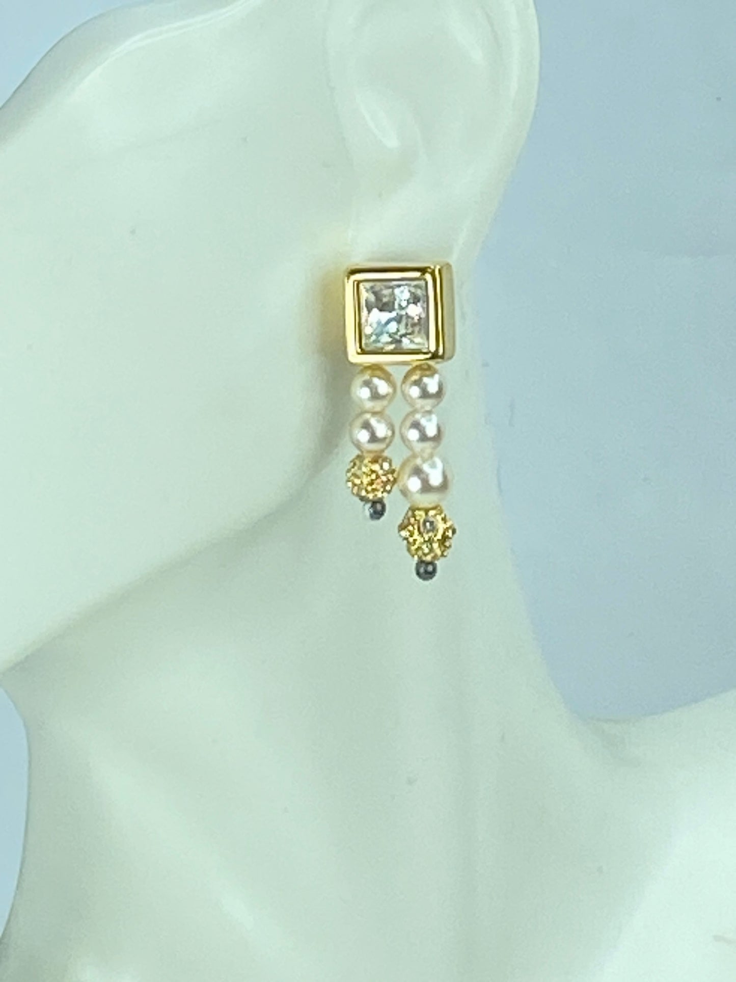 Swarovski double strands faux pearl drop Crystal gold-tone earrings GS547