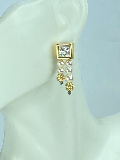 Swarovski double strands faux pearl drop Crystal gold-tone earrings GS547