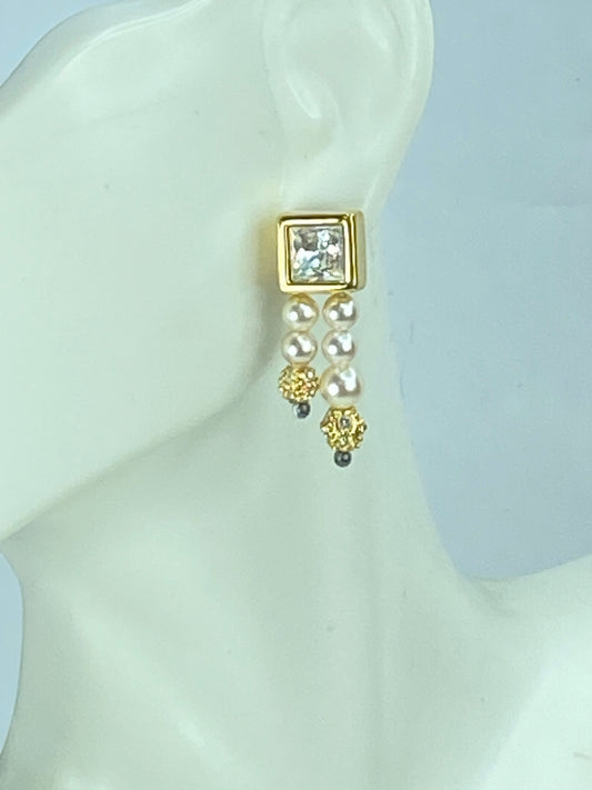 Swarovski double strands faux pearl drop Crystal gold-tone earrings GS547