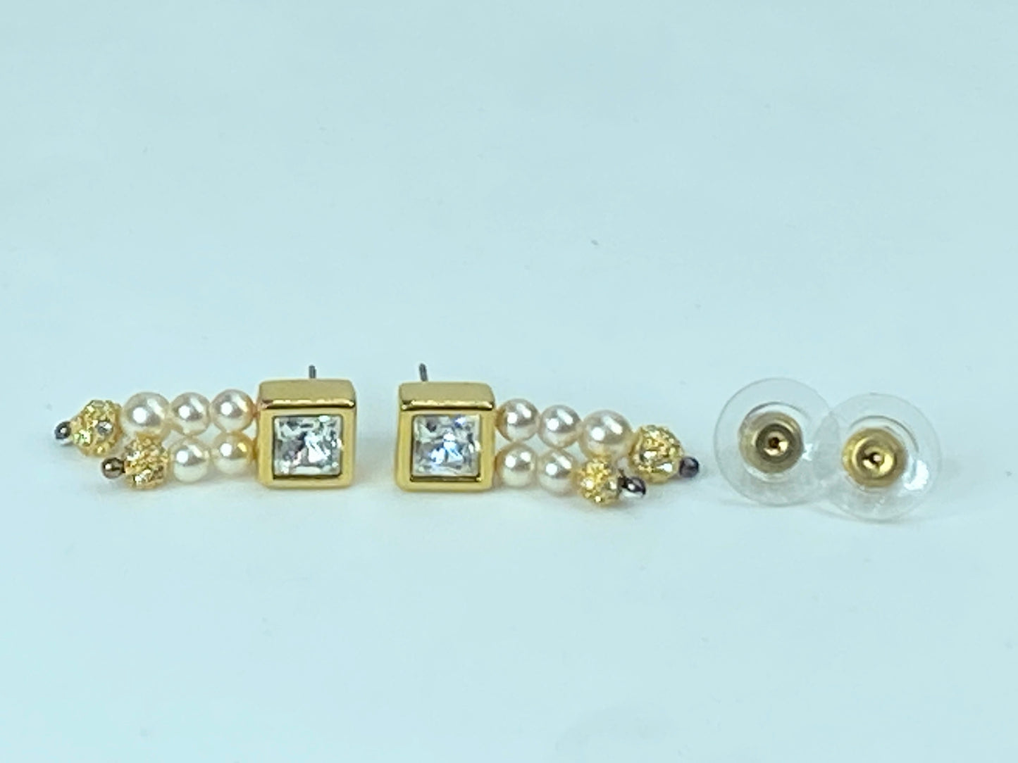 Swarovski double strands faux pearl drop Crystal gold-tone earrings GS547