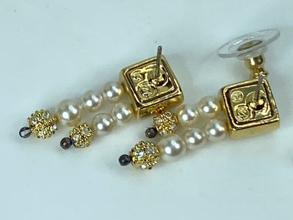 Swarovski double strands faux pearl drop Crystal gold-tone earrings GS547