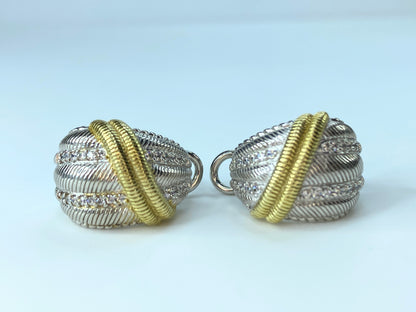 Judith Ripka Rhodium Sterling 2 tone Gold CZ Clad earrings 14.6g JR8801