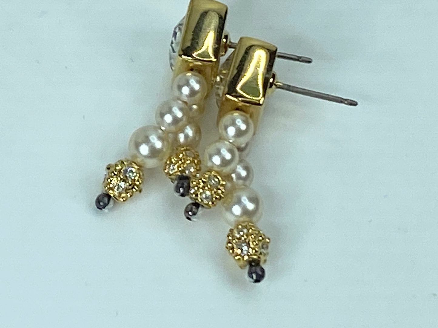 Swarovski double strands faux pearl drop Crystal gold-tone earrings GS547