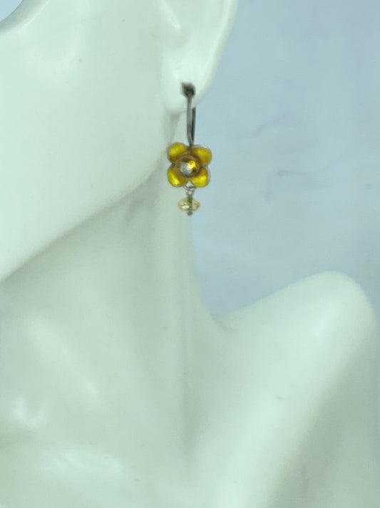 Art Deco Sterling silver Citrine Enamel flower dangle earrings 1.0" JR709