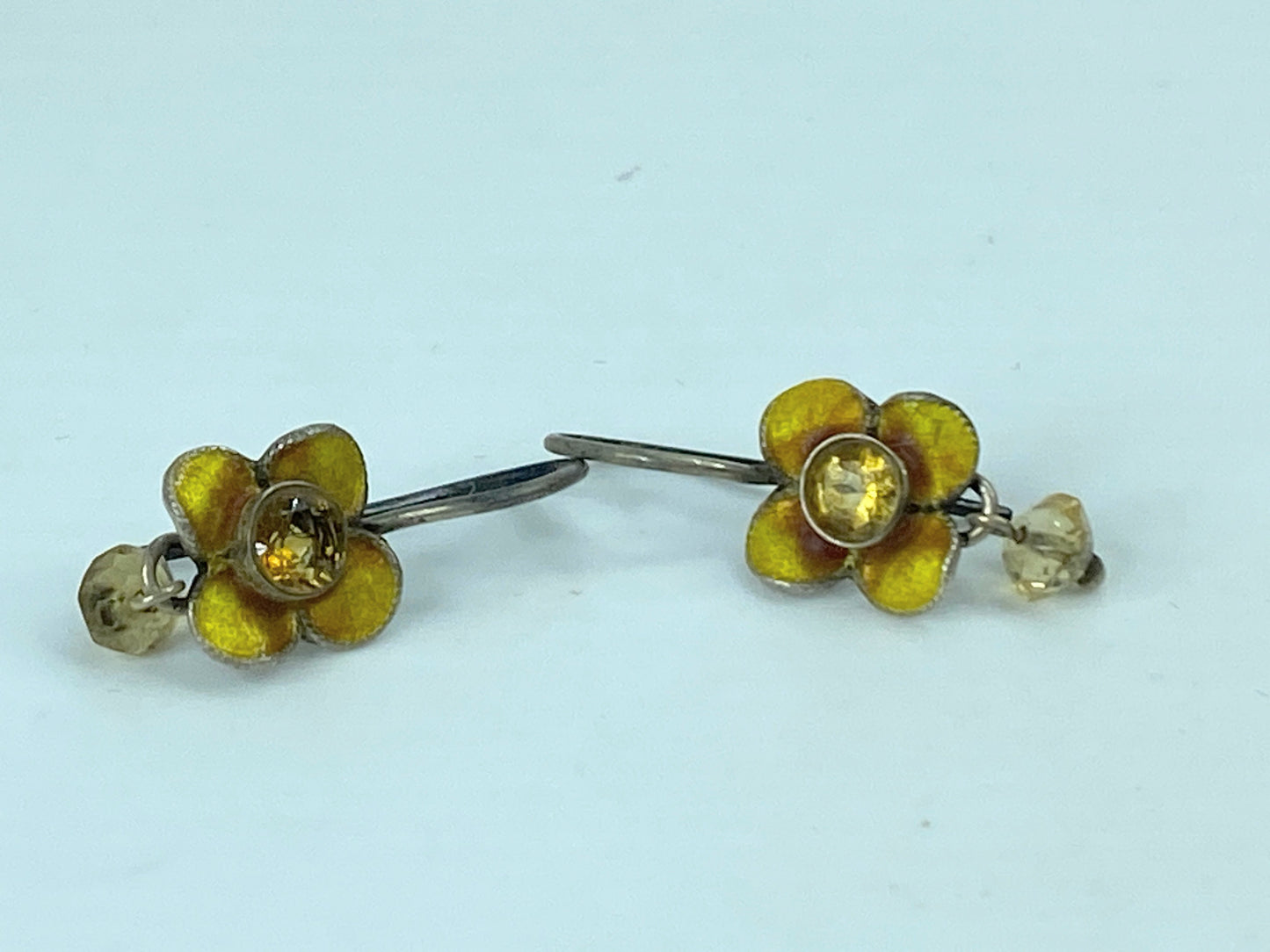 Art Deco Sterling silver Citrine Enamel flower dangle earrings 1.0" JR709