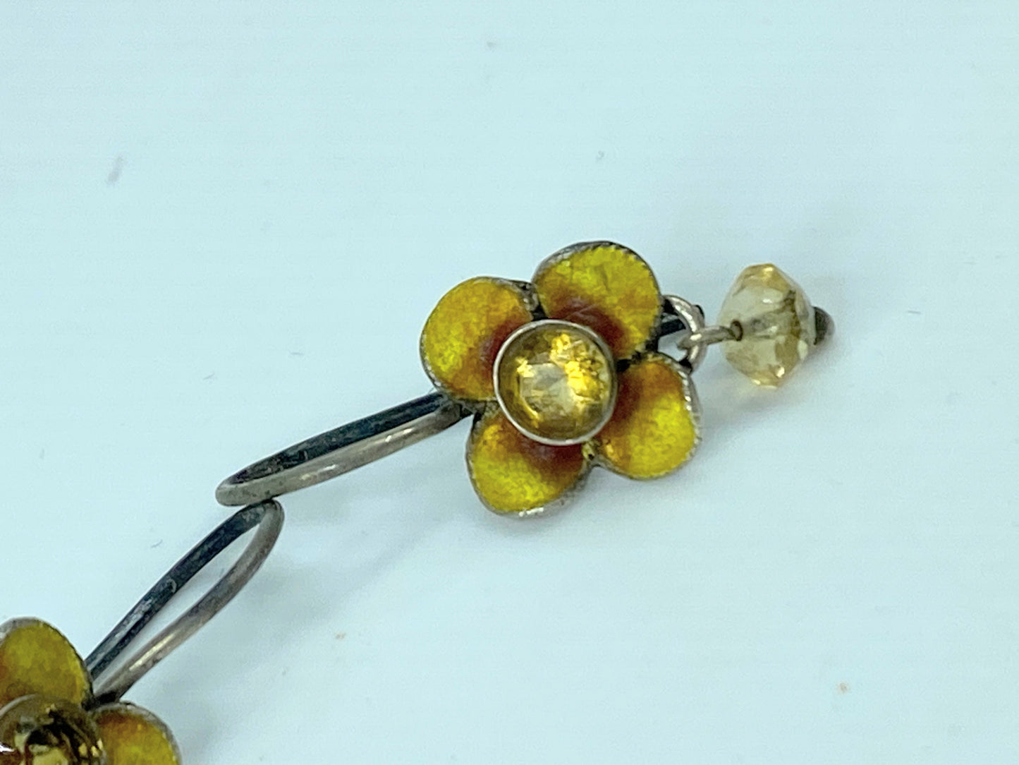 Art Deco Sterling silver Citrine Enamel flower dangle earrings 1.0" JR709