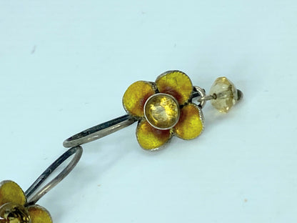 Art Deco Sterling silver Citrine Enamel flower dangle earrings 1.0" JR709