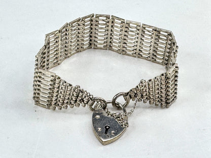 Vintage English Sterling Silver Wide Mesh Gate Bracelet with Heart PadlockJR1823