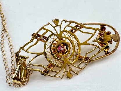 Mid Century 10K/14k Gold Ruby Pendant Necklace Openwork Abstract Design JR1824