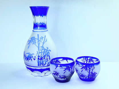 Blue Cut glass Cold sake set Japanese Edo Kiriko