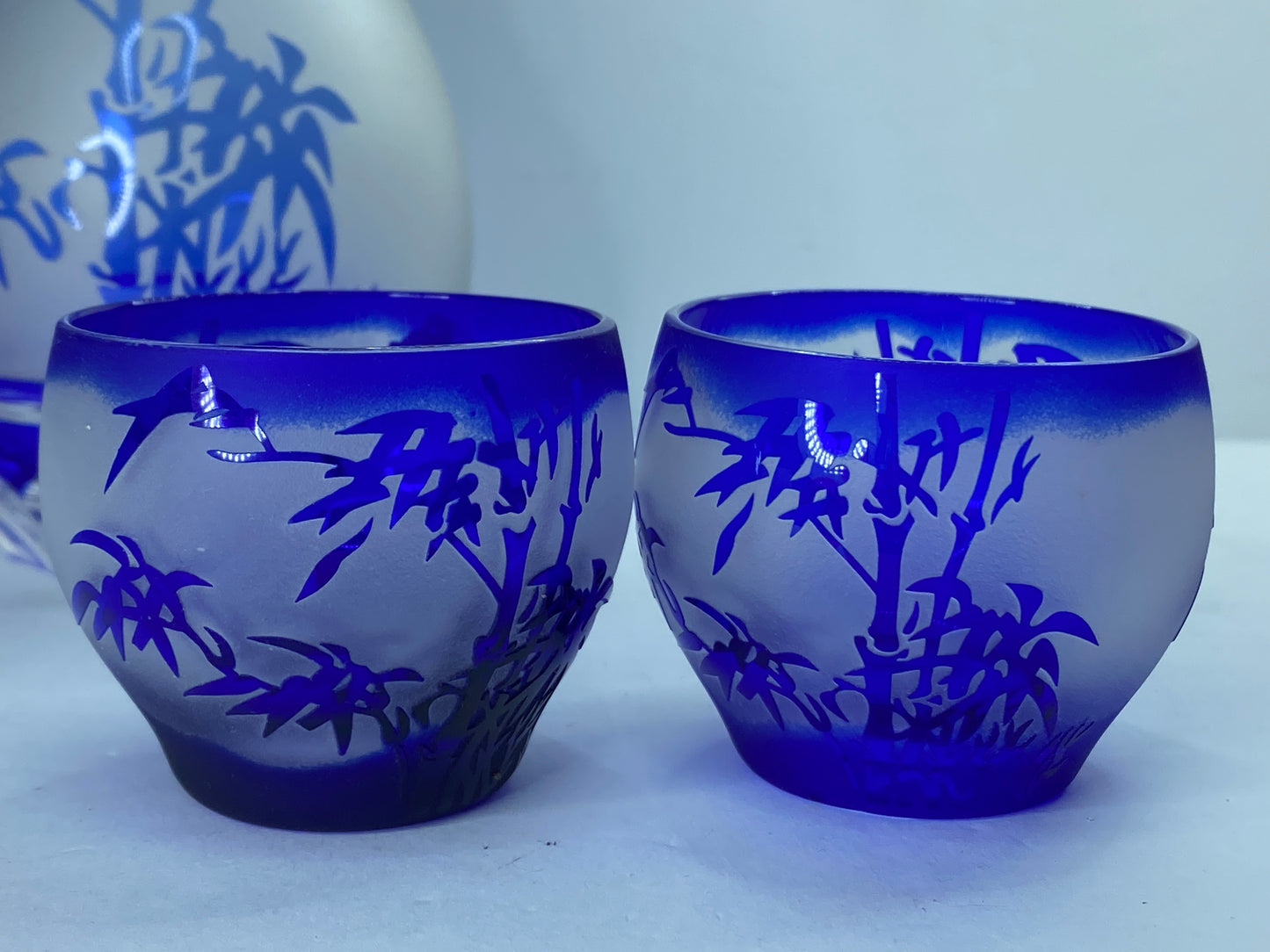 Blue Cut glass Cold sake set Japanese Edo Kiriko