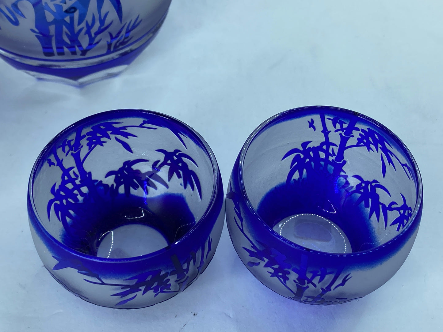 Blue Cut glass Cold sake set Japanese Edo Kiriko