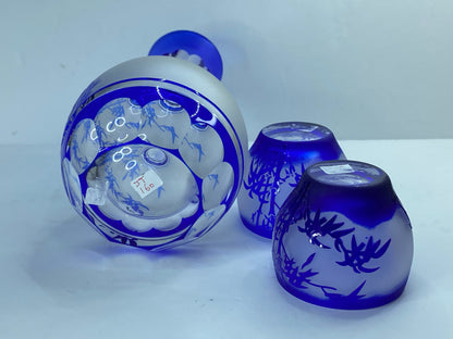 Blue Cut glass Cold sake set Japanese Edo Kiriko