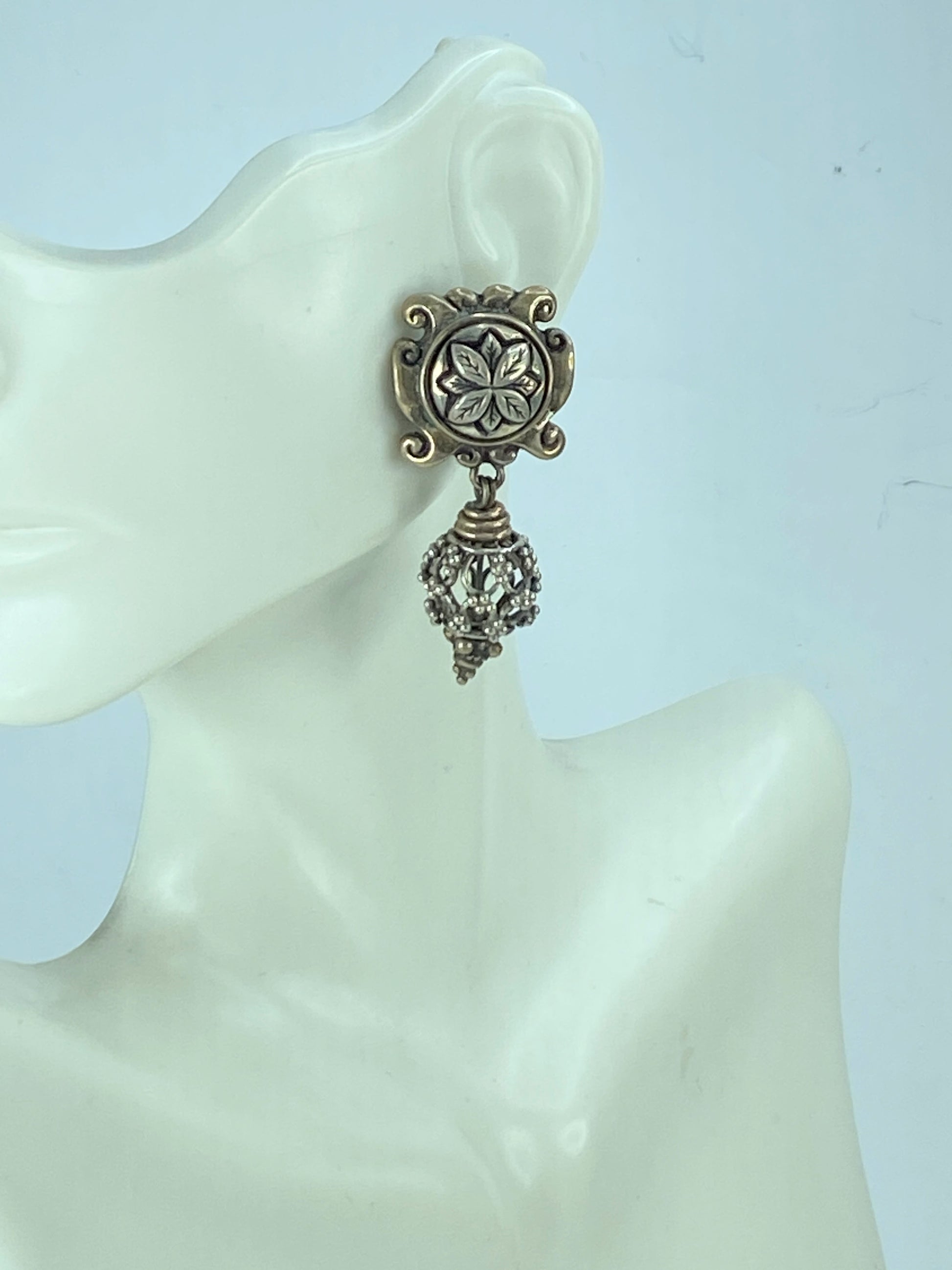 Stephen Dweck 925 Silver Two Tone Floral Clip On Earrings 2.0" JR575