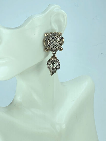 Stephen Dweck 925 Silver Two Tone Floral Clip On Earrings 2.0" JR575