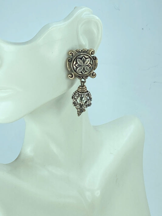 Stephen Dweck 925 Silver Two Tone Floral Clip On Earrings 2.0" JR575