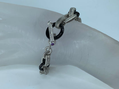 Judith Ripka Sterling Onyx, CZ, Amethyst Chunky Link toggle Bracelet