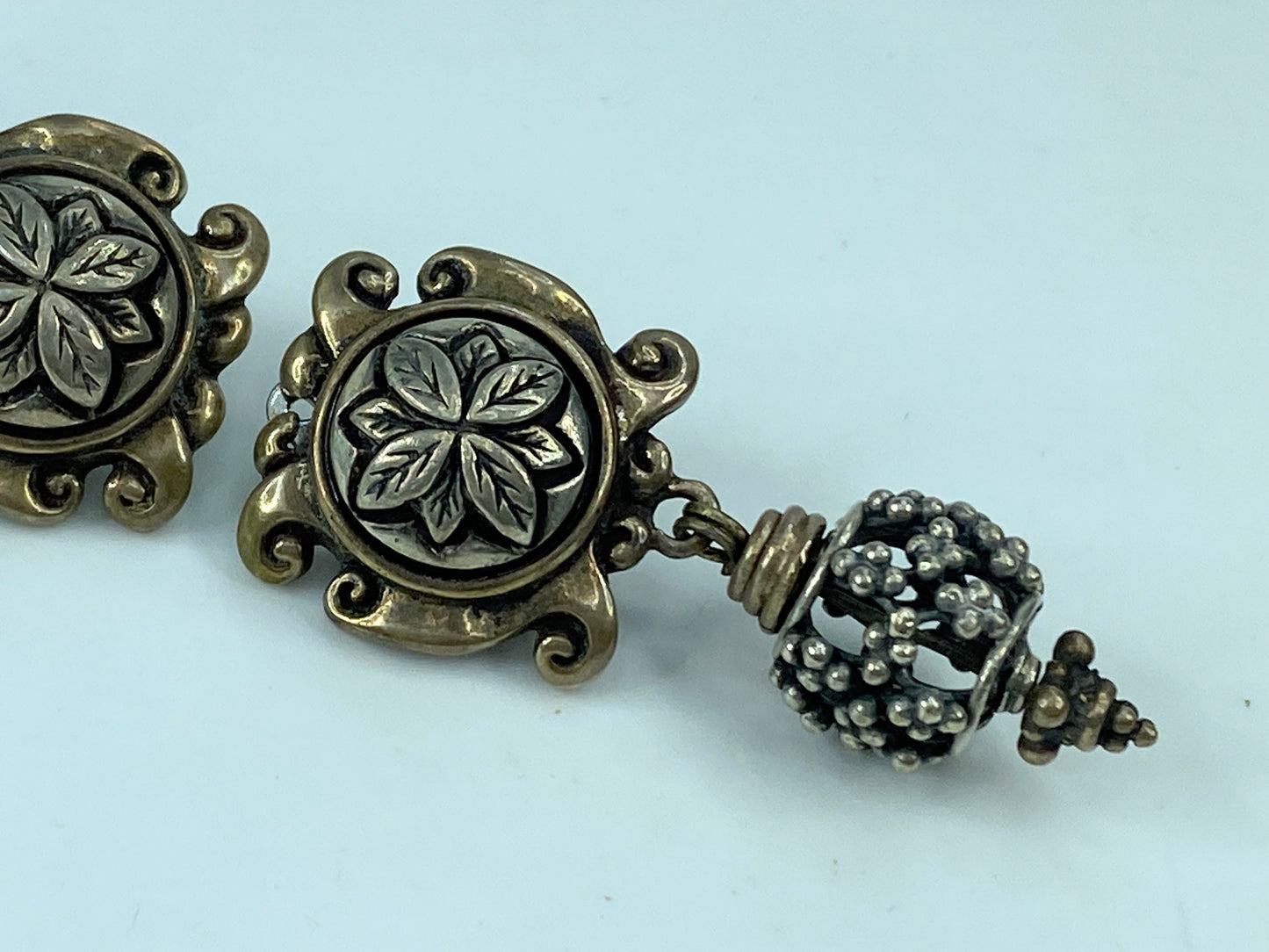 Stephen Dweck 925 Silver Two Tone Floral Clip On Earrings 2.0" JR575