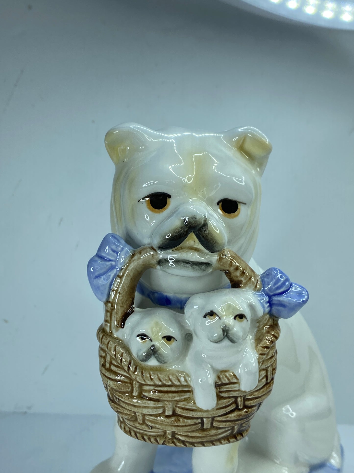 Rare Fitz and Floyd dog holding basket of puppies