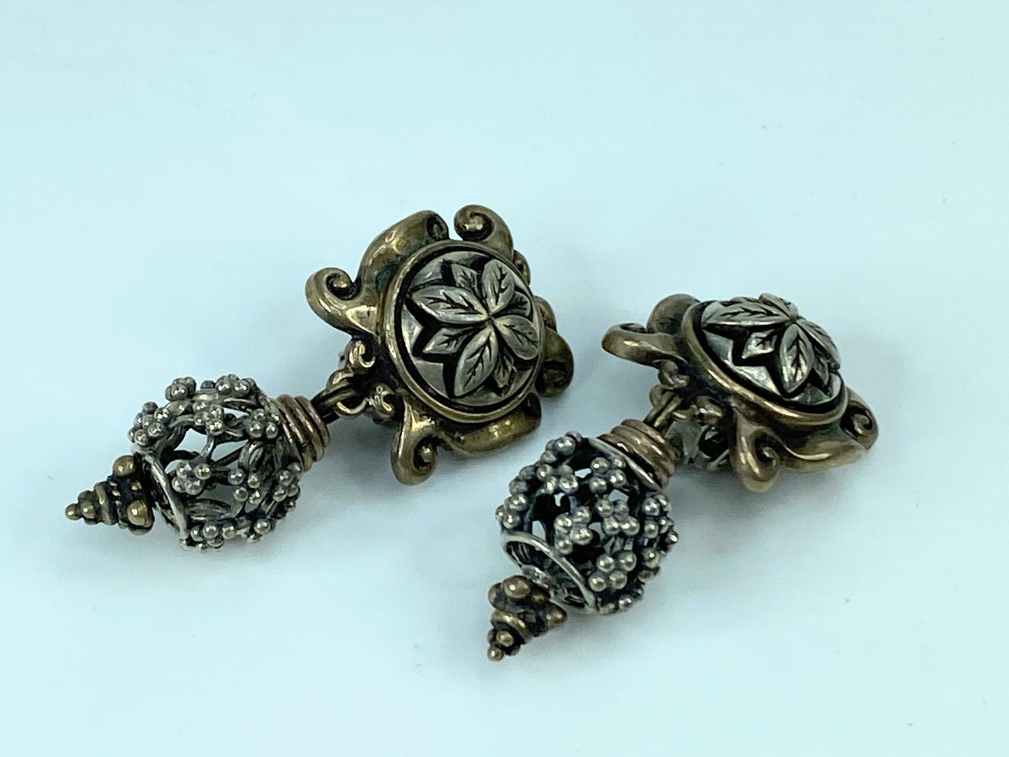 Stephen Dweck 925 Silver Two Tone Floral Clip On Earrings 2.0" JR575