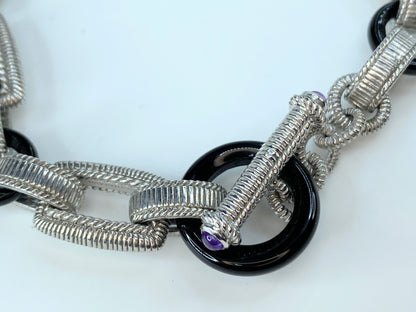 Judith Ripka Sterling Onyx, CZ, Amethyst Chunky Link toggle Bracelet