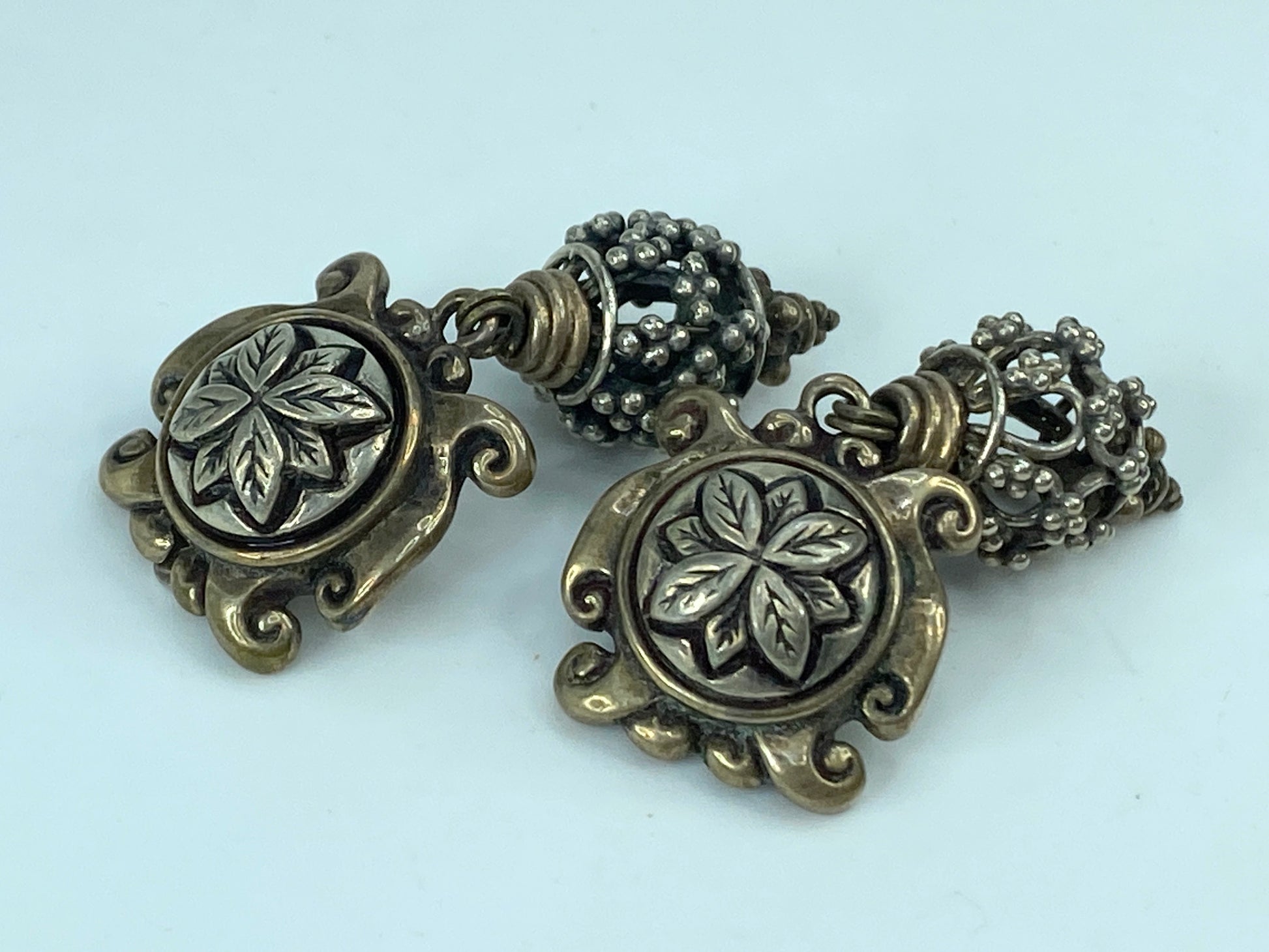 Stephen Dweck 925 Silver Two Tone Floral Clip On Earrings 2.0" JR575
