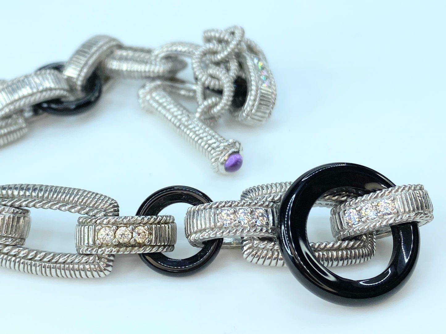 Judith Ripka Sterling Onyx, CZ, Amethyst Chunky Link toggle Bracelet