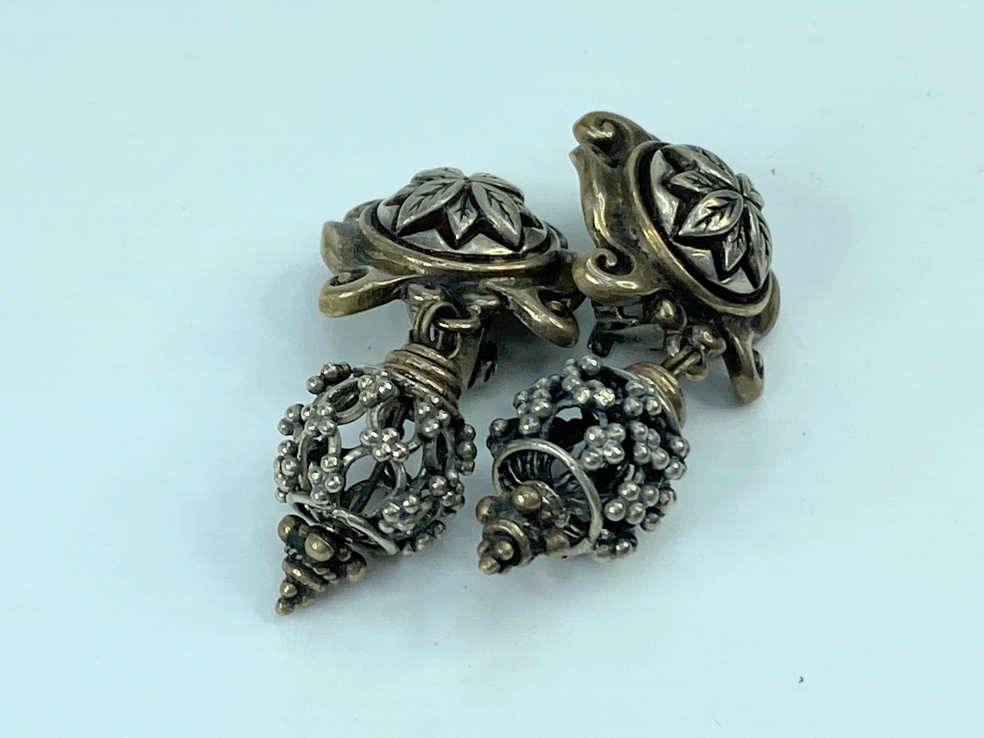 Stephen Dweck 925 Silver Two Tone Floral Clip On Earrings 2.0" JR575