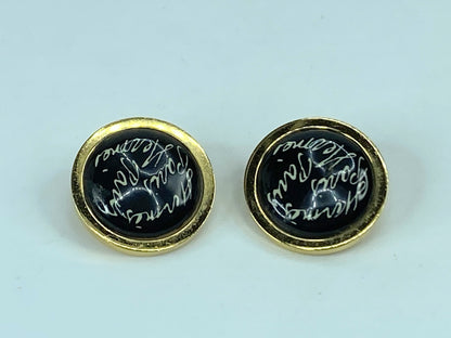 Hermes Gold tone "scribble-scrabble" black round clip on earrings wGS464