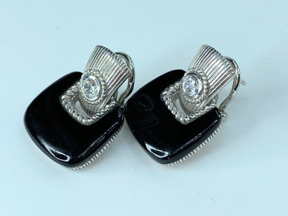 Judith Ripka Sterling CZ & Onyx Door Knocker Earrings With Omega Backs