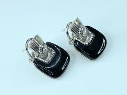 Judith Ripka Sterling CZ & Onyx Door Knocker Earrings With Omega Backs