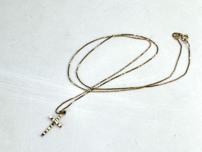 14K Yellow Gold Italian Box Chain Ripple Petite Cross Pendant Necklace JR1841