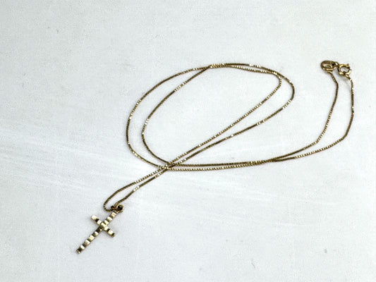 14K Yellow Gold Italian Box Chain Ripple Petite Cross Pendant Necklace JR1841