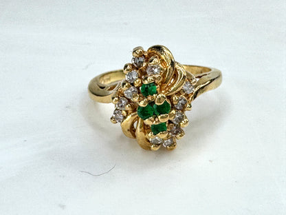 Vintage 14K Gold Emerald & Diamond Cluster Cocktail Ring Size 6 4.6g JR1842