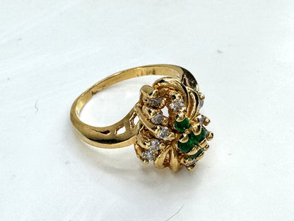 Vintage 14K Gold Emerald & Diamond Cluster Cocktail Ring Size 6 4.6g JR1842